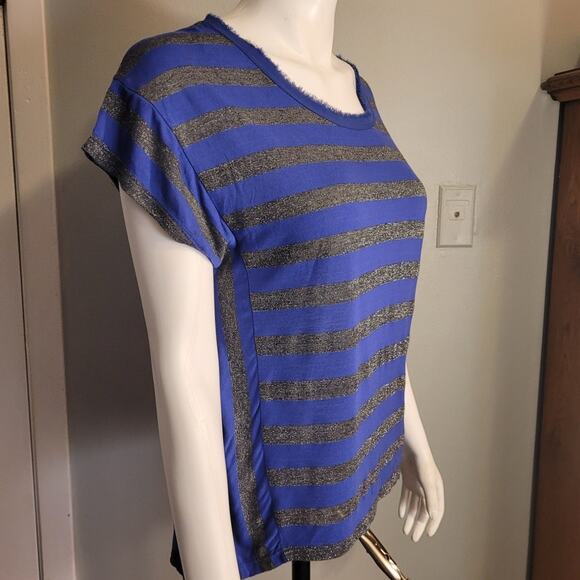 Calvin Klein Blue & Silver Striped Fringe Collar Tee Medium Fairycore Metallic - Picture 9 of 10
